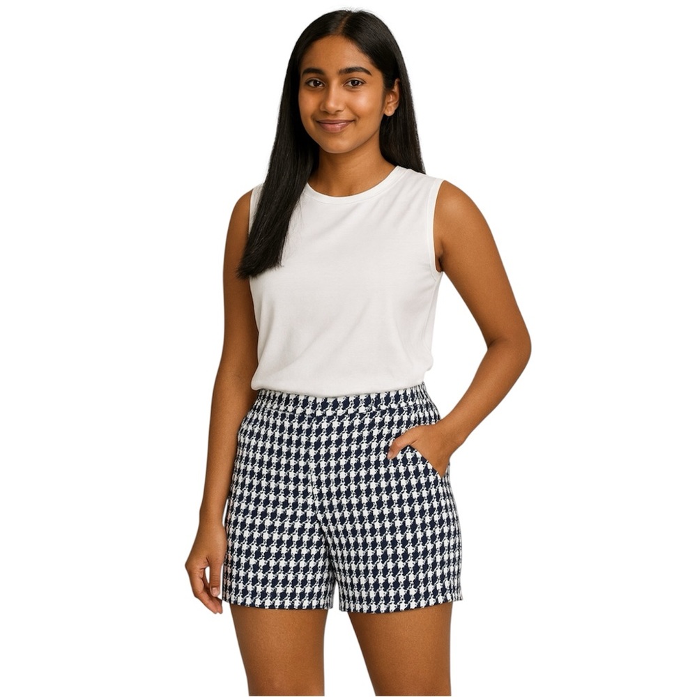 Tribal Women's High Waist Dark Navy Blue and White Houndstooth Shorts